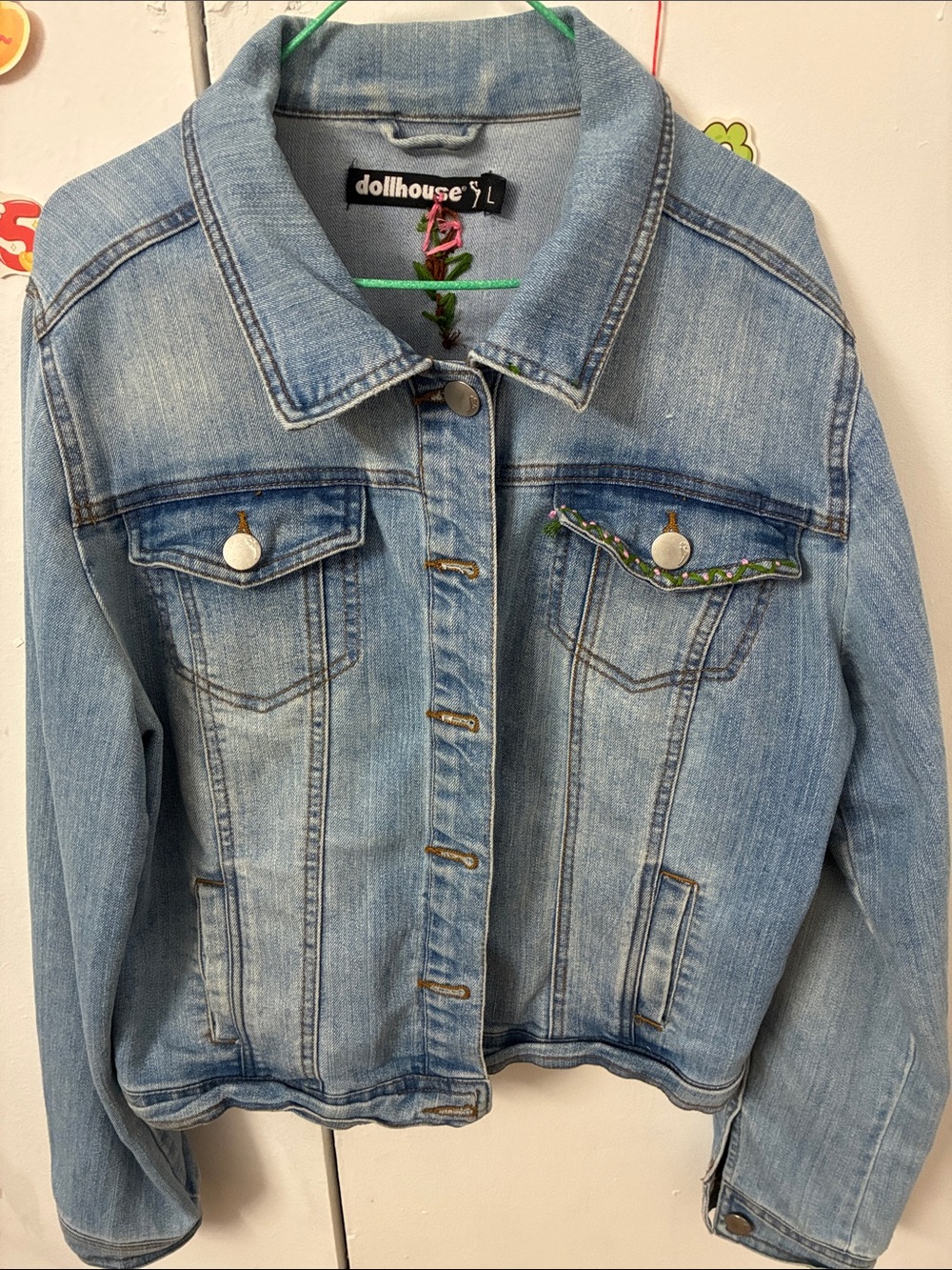 Dollhouse Light Wash Denim Jacket with Floral Trim